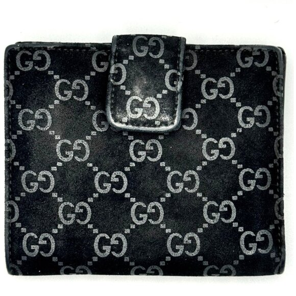 Gucci Black GG Monogram Suede Bifold Wallet with Snap Closure - Picture 2 of 8